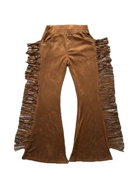 VOCAL Faux Suede Fringe Flare Pants Camel Brown Western Boho Bell Bottoms Medium